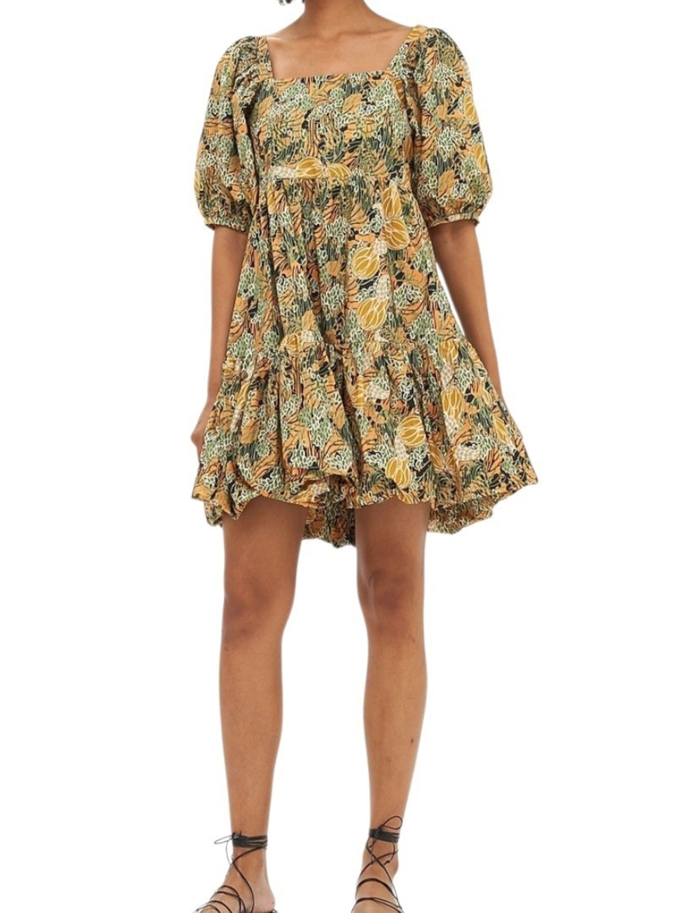 OLIPHANT Bubble Skirt Mini Cotton Dress Khaki Print Puff Sleeve Size M